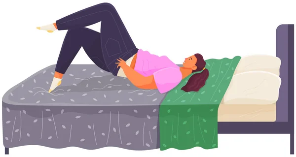 Dickes Mädchen zieht Skinny Jeans an, liegt auf dem Bett, junge dicke Frau entspannt sich in Matratze im Schlafzimmer — Stockvektor