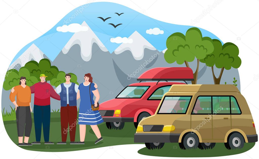 Friends come by trucks to mountains. Hikers or tourist spend time together in natural landscape