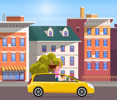 Şehir caddesi boyunca çizgi film tarzında modern araba parkı. Şehir caddesinde araç var.