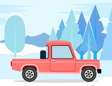 Kamyonet, iki kapılı mercan yolcu vagonu sürücüsü olmadan kış ormanı manzarasının arka planında