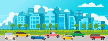 Şehir caddesi boyunca çizgi film tarzında modern araba parkı. Şehir caddesinde araç var.