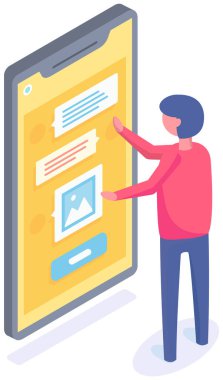 Cep telefonu kuryesinde yazan adam. Telefon ekranında SMS iletileri sohbet ve konuşma baloncukları