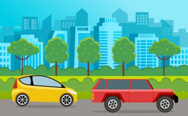 Şehir caddesi boyunca çizgi film tarzında modern araba parkı. Şehir caddesinde araç var.