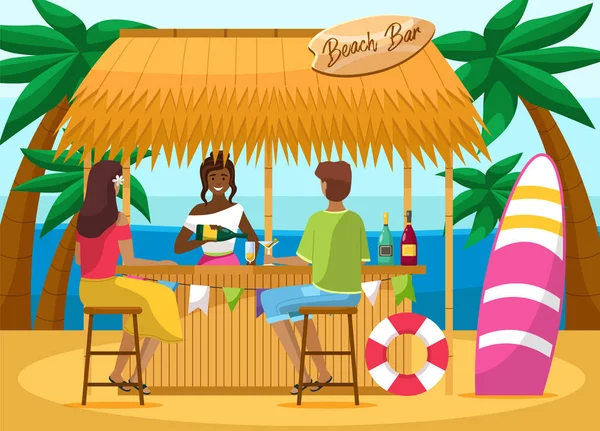 Bar extérieur avec boissons. Vacances d'été à la plage, voyage à la mer chaude. Barman faire boire de l'alcool — Image vectorielle