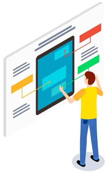 Programador criando estrutura de blocos de informação na tela do aplicativo. Homem examina cartaz —  Vetores de Stock