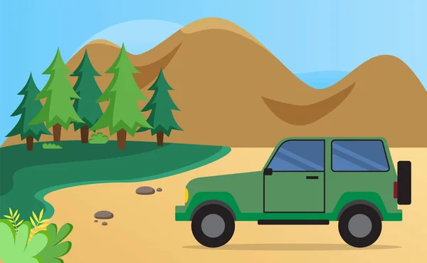 Transport kör på väg nära skogen. Grön familjebil för körning i skogen utan förare — Stock vektor