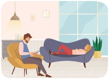 Genç kadın psikoloğun ofisinde kanepede yatıyor, erkek psikiyatrist karşıda oturuyor, notlar alıyor.