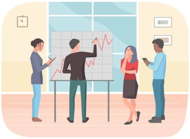 İş adamı meslektaşlarına sunum yapar. Ofis çalışanı karakterleri göstergeleri tartışıyor