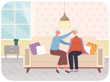 Kadın kocasını grip ya da virüs enfeksiyonu ile tedavi ediyor. Yetişkin kadın, beyaz saçlı adamla ilgilenir.