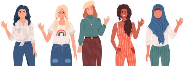 Farklı ulus ve kültürlere sahip bir grup kadın. Çok kültürlü insanlar selamlama jesti gösteriyor.