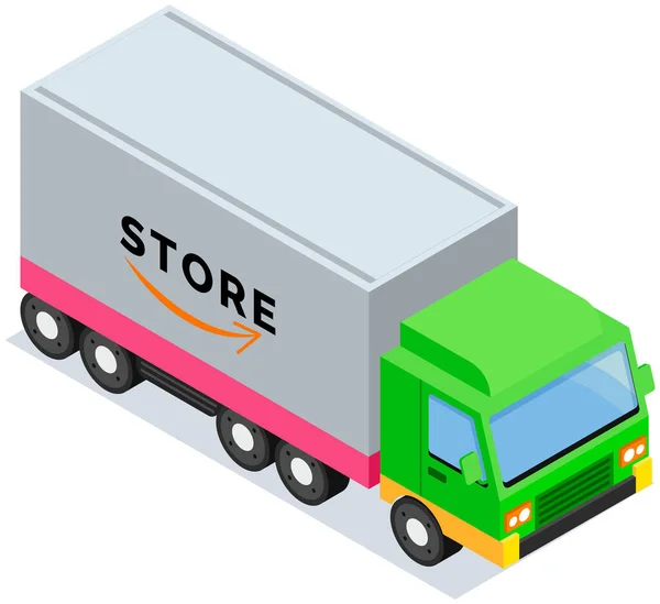 Transport avec magasin d'inscription. Camion de livraison pour le transport de marchandises. Vendre concept mondial — Image vectorielle