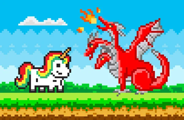 Rainbow jednorožec a červený tříhlavý drak pixel umění v přírodě krajina, pohádkový charakter — Stockový vektor
