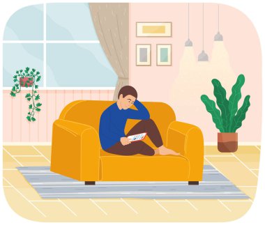 Genç adam tabletle koltukta oturuyor, uzaktan çalışıyor, sosyal medyayı izliyor, internete servis yapıyor.