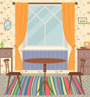 Oturma ya da yemek odası mobilyaları. Modern iç dizayn sandalyeli ahşap yemek masası.