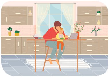 Babam mutfakta önlük takarak bebeği besler. Çocuk babasının kucağına oturur, yer ve dizüstü bilgisayarda çizgi film izler.