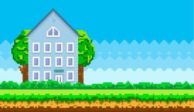 Yeşil alanlar ve bitkilerle çevrili bir ev. Piksel oyun tasarımı için birçok penceresi olan bina