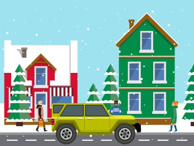 Kış şehirlerinin arka planında evleri olan otomobiller. Zeytin geçidi, kros arabası, cip.