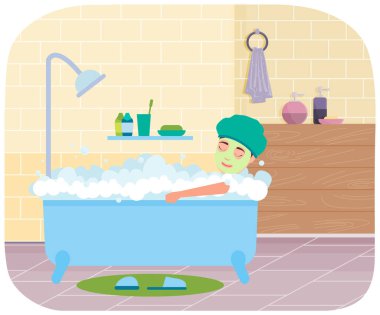 Yüzünde maske olan kız banyo yapıyor. Kadın banyoda sıcak suyla küvette yatıyor.