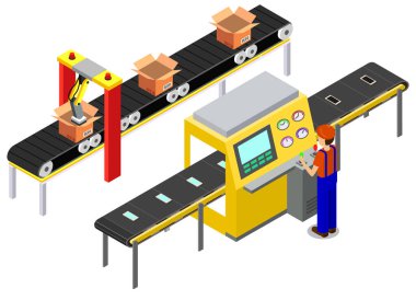 Mekanik kollar kolları kaldırır ve taşıyıcıya yerleştirir. Açık kutularla otomatik montaj hattı