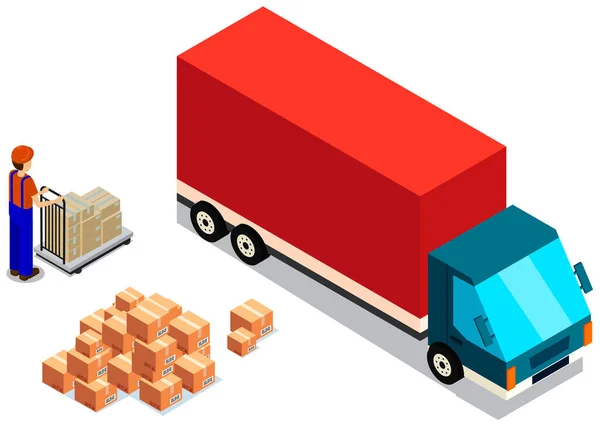 Mover mette scatole con pacchi nel carro. Caricamento auto prima della spedizione. Cina consegna camion — Vettoriale Stock