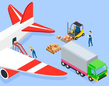 Adam uçaktayken kutuları taşıyıcı bantlara koyar. Paketler ve konteynırlar kargo uçağına yükleniyor