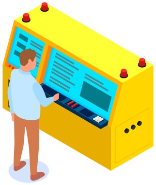 İzometrik lojistik ve dağıtım bilgi grafiklerinin pankartı. Adam siparişi verir, ekipmanla çalışır.