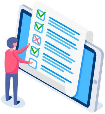 Adam anketin doğruluğunu kontrol ediyor. Tablet ekranında çevrimiçi form araştırması. Adam boş görünüyor.