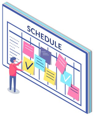 İş planlama ve planlama konsepti. Çalışan, haftanın yapılacaklar listesini yapıştırıyor.