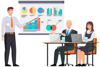 Başarılı iş projesi sunumu, şirket stratejisi planlaması, istatistik göstergeleri analizi