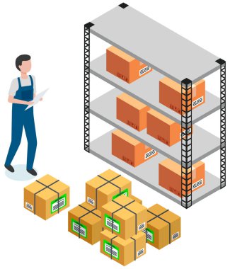 Depoda paket depolayan biri. İnsan karton konteynırların miktarını sayar