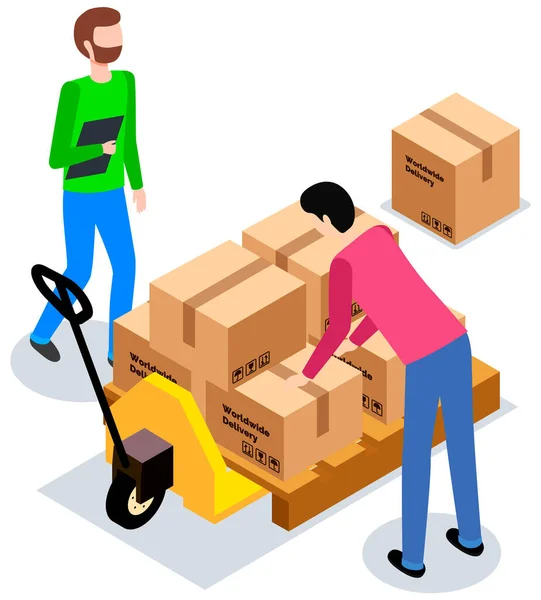 Παγκόσμια έννοια πωλήσεων. Οι εργαζόμενοι φορτώνουν κουτιά στο αεροπλανοφόρο. Κράτα το κουτί, βάλ 'το στη στοίβα. — Διανυσματικό Αρχείο