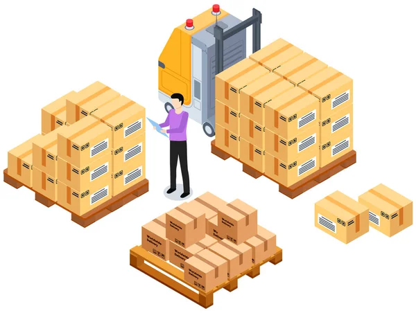 Concepto mundial de ventas. Cajas de carga del trabajador en el portador. Hombre de la caja de espera, ponlo en la pila — Vector de stock