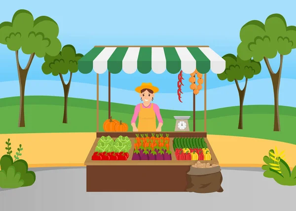 A farmer friss zöldségeket árul, őszi szüreti fesztivál van. Nő a kereskedelmi sátor közelében betakarítással — Stock Vector