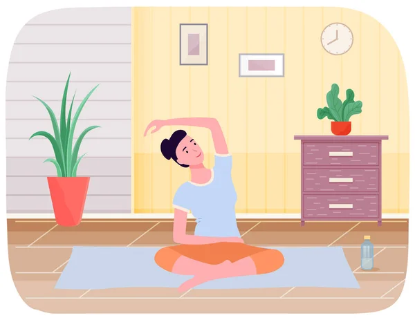 Meditatie praktijk en lichaamswerk. Meisje doet stretching oefening en yoga-oefeningen thuis — Stockvector