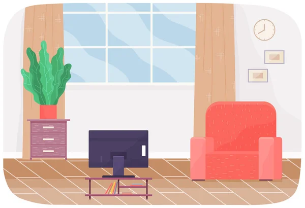 Salon wystrój wnętrz z czerwonym fotelem obok okna, telewizora i roślin doniczkowych — Wektor stockowy