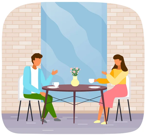 Man and woman drinking tea together. Family talking and spending time near catering establishment — Stock Vector