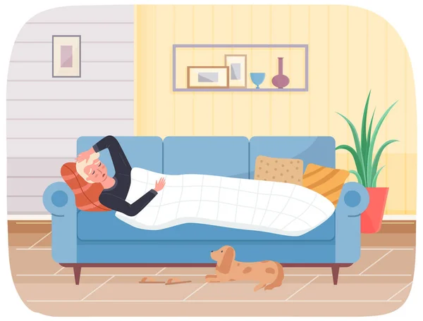 Парень страдает от болезни. Владелец собаки, завернутой в одеяло с простудой лежит на диване — стоковый вектор