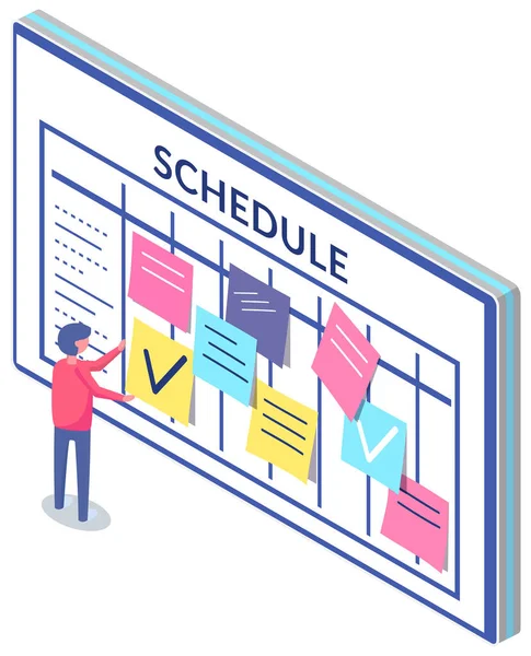 Bedrijfsplanning en planning concept. Werknemer plakt papieren met to-do plannen voor de week — Stockvector