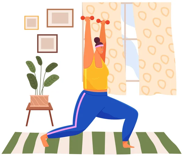 Dikke vrouw aan het trainen met halters thuis. zwaarlijvig, vet, mollig vrouw doet gewichtheffen oefeningen — Stockvector