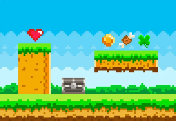 Pixel sfondo del gioco con piattaforma erba verde e oggetti raccolti durante il gameplay, monete, cuore — Vettoriale Stock