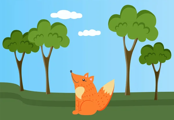 Fox está descansando en el claro. Animal salvaje en la naturaleza. Paisaje forestal con árboles y vegetación — Vector de stock