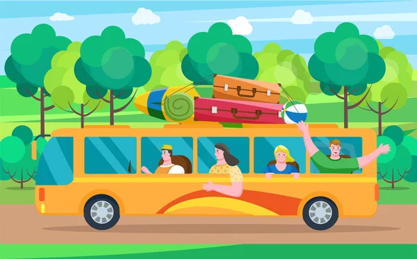 Ilustração do vetor da viagem do verão do carro. Pessoas felizes nas férias. Ônibus viajante no fundo da estrada — Vetor de Stock