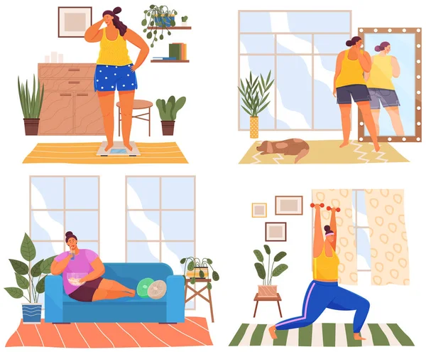 Conjunto de ilustraciones acerca de las niñas con exceso de peso haciendo deportes y comer alimentos saludables en casa — Vector de stock