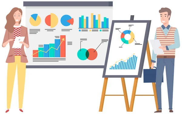 Apresentação bem sucedida do projeto de negócios, planejamento de estratégia da empresa, análise de indicadores estatísticos — Vetor de Stock