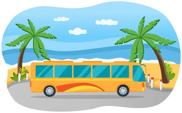Renkli camlı turist otobüsü yolda gidiyor. İnsanları taşımak için toplu taşıma — Stok Vektör