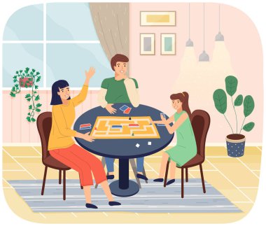 Aile oyunu düz çizim yapıyor. Çocuklu anne eğleniyor, birlikte vakit geçiriyor.