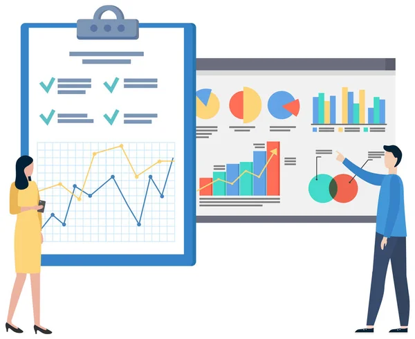 Erfolgreiche Präsentation von Geschäftsprojekten, Planung der Unternehmensstrategie, Analyse statistischer Indikatoren — Stockvektor