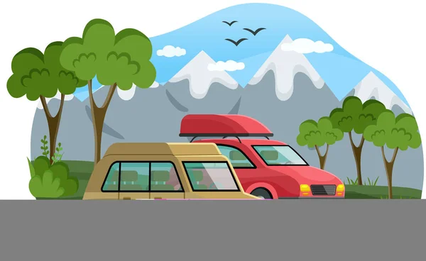 Cars for family travel are in forest at foot of mountain. Travel by car, automobile tourism — Stock Vector