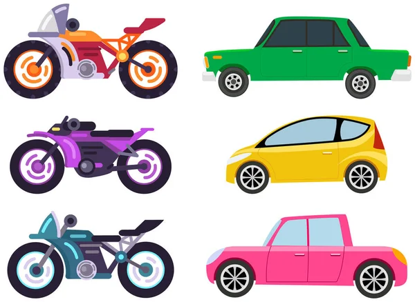 Coches y motocicletas de diferentes tipos sin conductor. Conjunto de modos de transporte y formas — Vector de stock