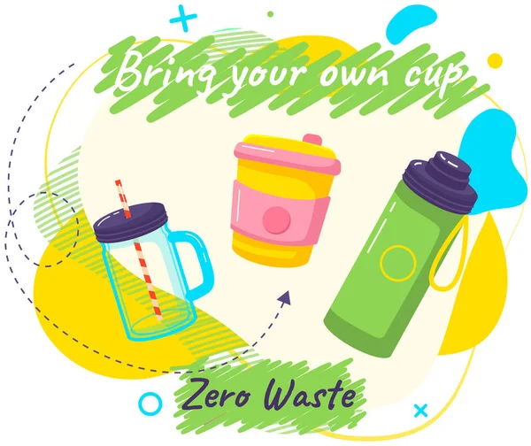 Concepto ecológico cero residuos, diferentes tipos de tazas y botellas. Contenedores de plástico, metal y vidrio — Vector de stock